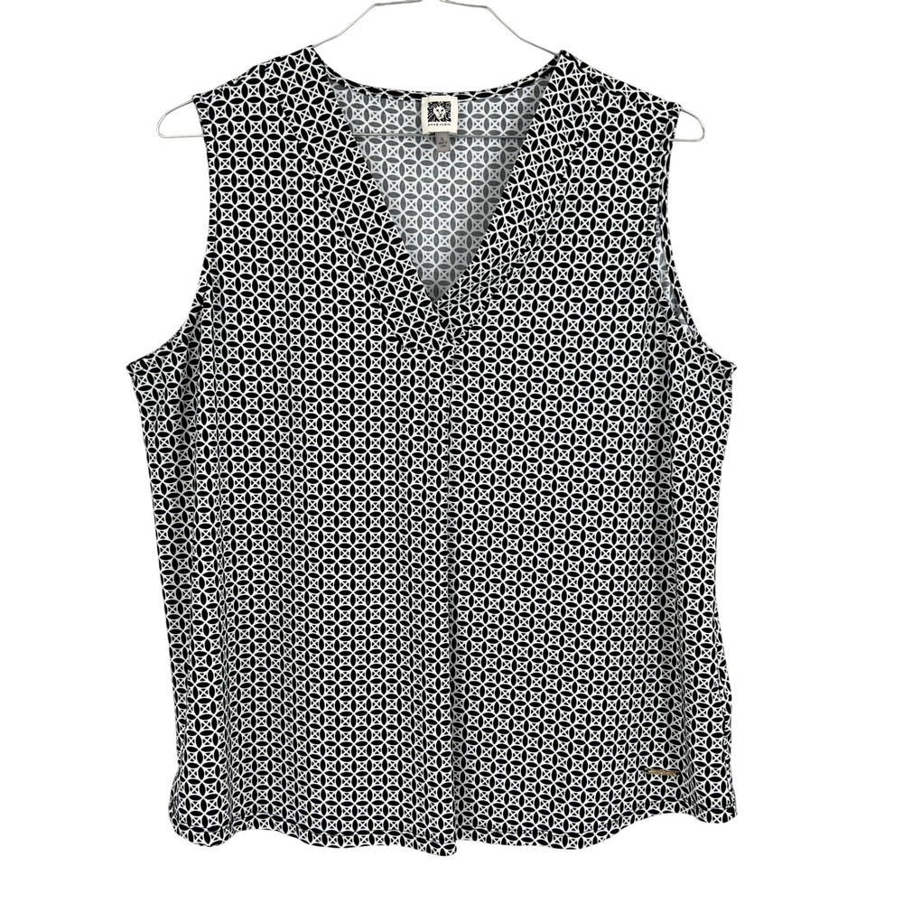 Anne Klein Womens Sleeveless Blouse Black White V-Neck Office Top XL